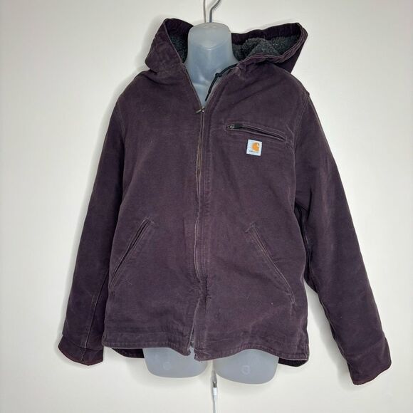 CARHARTT Vintage Detroit Sierra Jacket Purple hooded Coat medium Sherpa lined - Picture 1 of 7